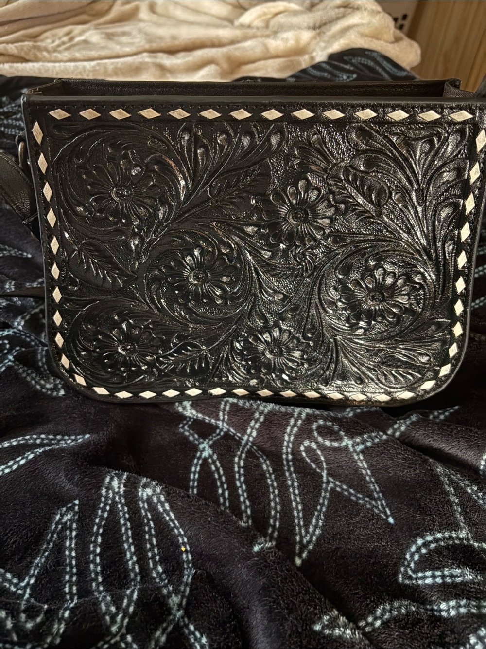 Tooled Black Floral Leather Crossbody Bag